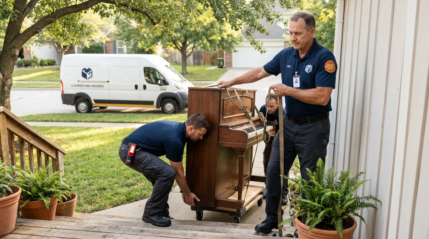 Licensed piano movers securing grand piano in Arcade, NY