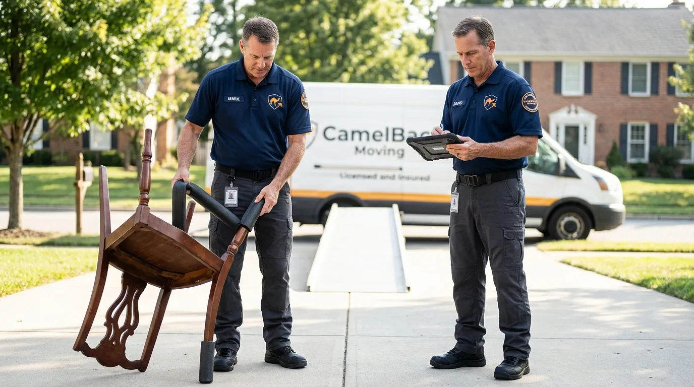 Movers inspecting furniture for damage prevention before loading in Arcade, NY